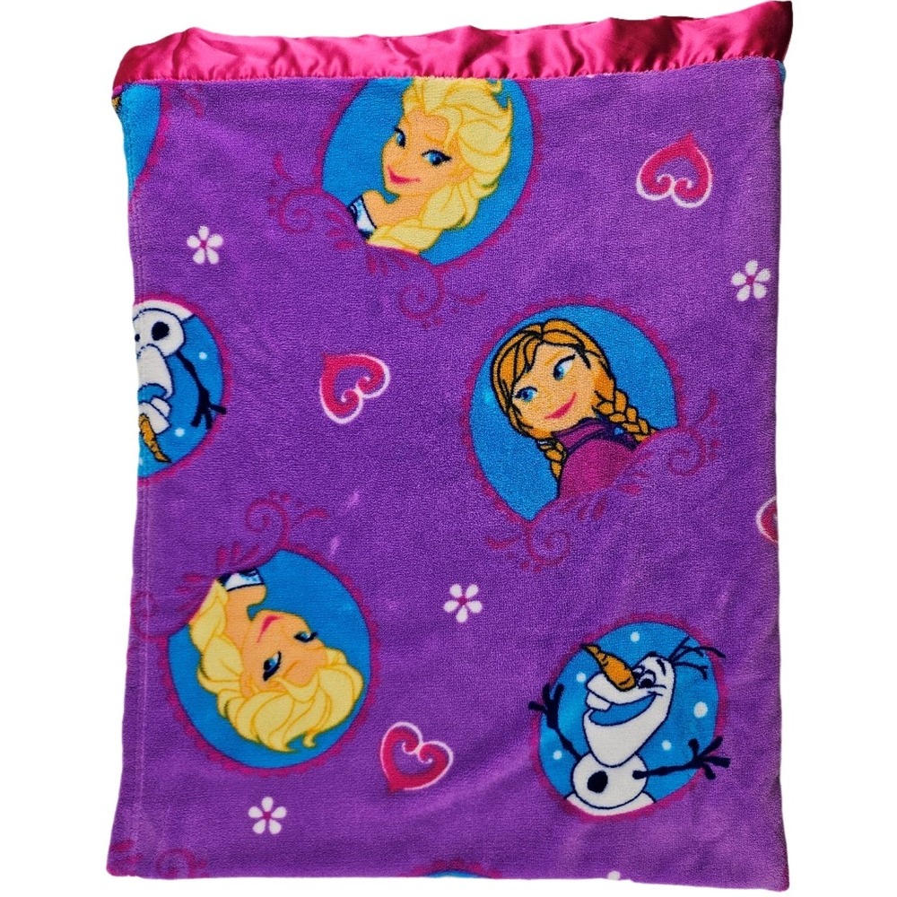 Disney Purple Frozen Fleece Throw Blanket Pink Satin Trim Soft 40" x 48"